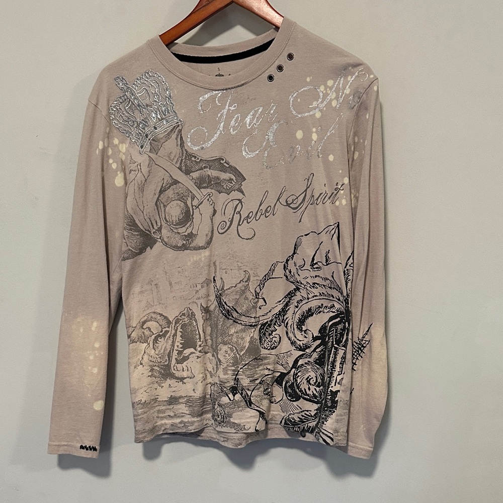 Rebel Spirit Long Sleeve Shirt - Beige with Graphic Design
